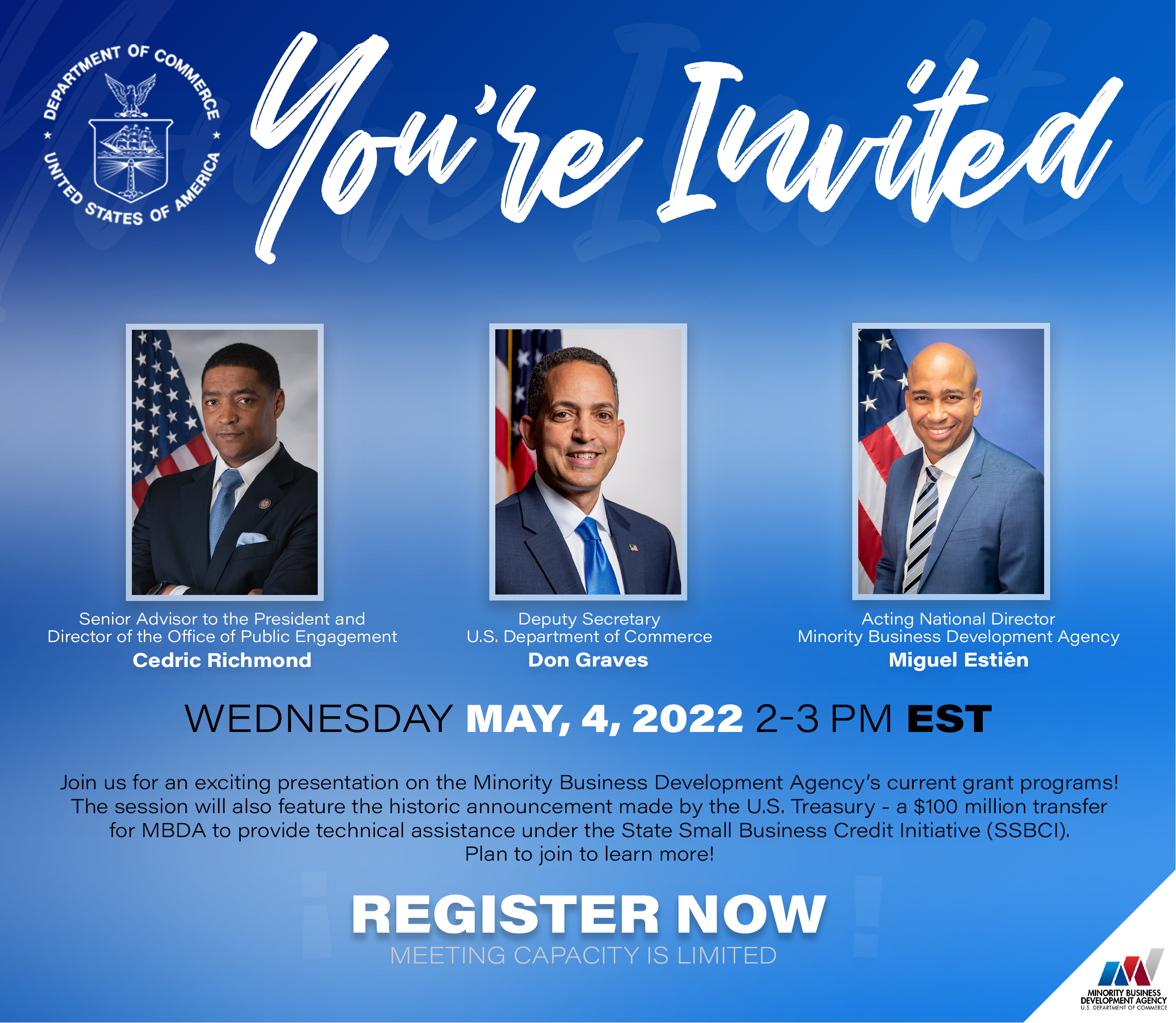 Join us for an exciting conversation as we discuss MBDA’s current grant opportunities and the impact of the State Small Business Credit Initiative on the minority business community. Register Now!  