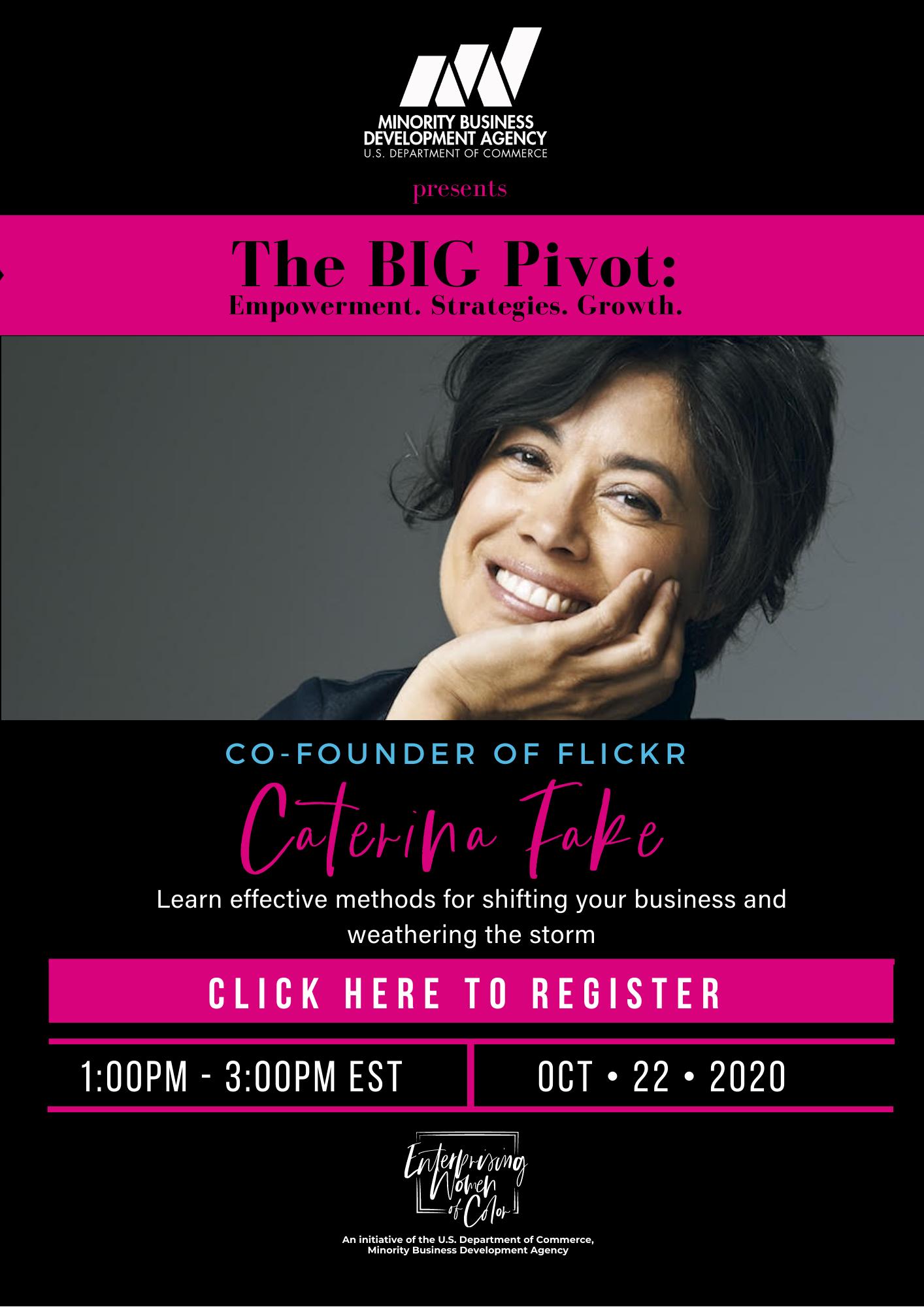 MBDA Presents The BIG Pivot: Empowerment. Strategies. Growth. Co-Founder of Flicker Caterina Fake. Learn effective for shifting your business and weathering the storm. Click Here to Register. 1PM - 3PM EST October 22, 2020.